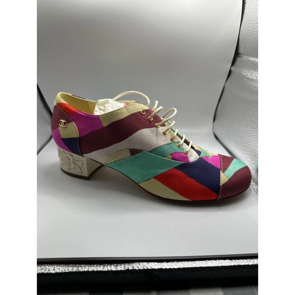 NEW CHANEL‎ BROGUES SHOES CAMELIA G HEELS MULTI COLOR CANVAS G31468 Size 38.5